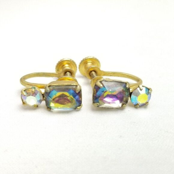 Vintage Rainbow Rhinestone Clip On Earrings, Clip On Screw Back, Rectangle Shape - Picture 5 of 6